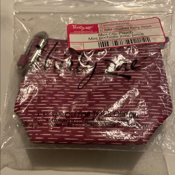 Thirty-One Crushed Berry Stripe Mini Clip Pouch Wallet New in Bag 3x3.5x2 - Picture 7 of 7